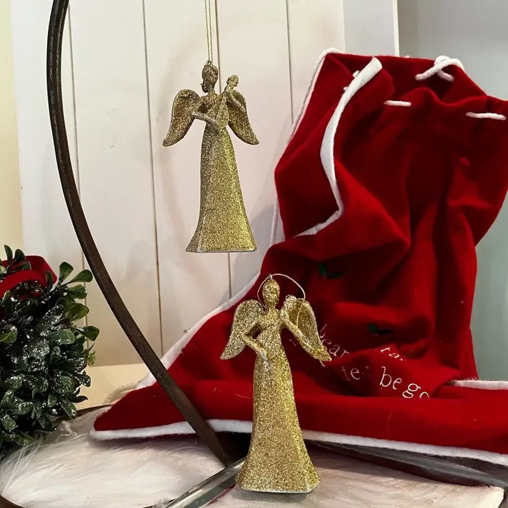 NEW Pottery Barn Angels Winged Sparkling Glitter Holiday Ornaments Set Gold NWOT